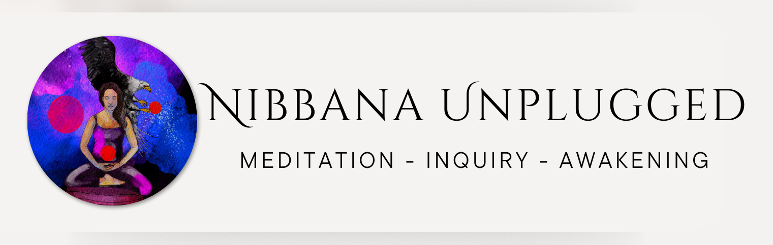 Nibbana Unplugged Meditation Inquiry Awakening. The image represents a woman meditating deeply and an eagle behind her represents the higher levels of consciousness
